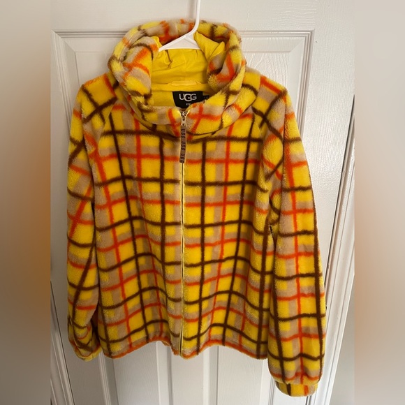 UGG Olympia Plaid Punk full zip hooded fleece jacket yellow size S/M NWOT - Picture 1 of 9